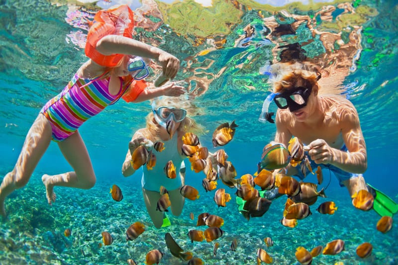 Happy family snorkeling underwater with tropical fishes at coral reef in the Maldives