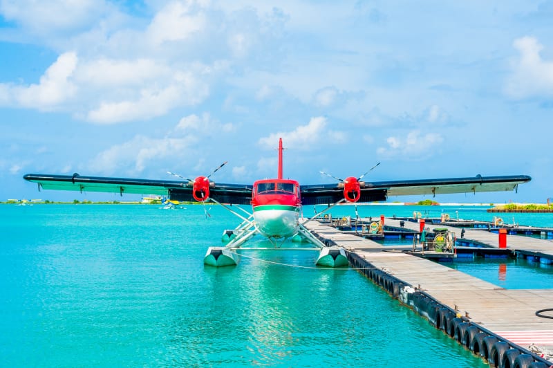 A seaplane awaits passengers at the Maldives Seaplane Terminal