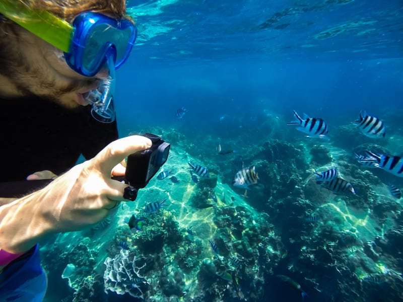 A tourist takes pictures of fish using a waterproof action camera