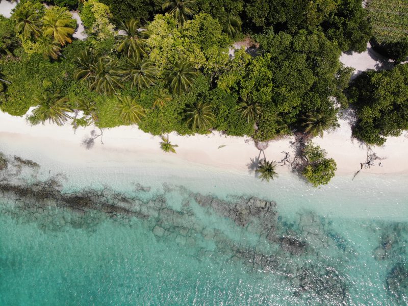 Aerial view of Thoddoo's coastline in Maldives